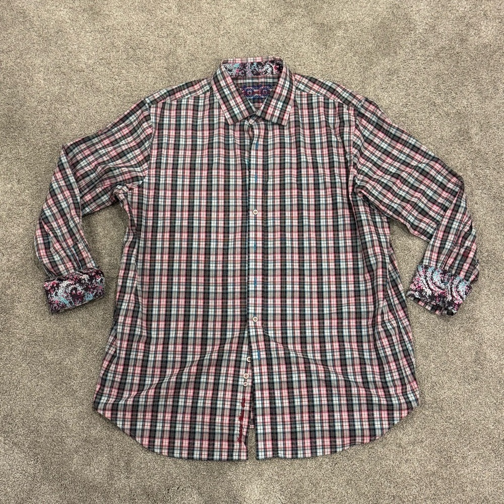 Robert Graham Flip Cuff Long Sleeve Button Down Shirt 1XL Plaid Pink Like New